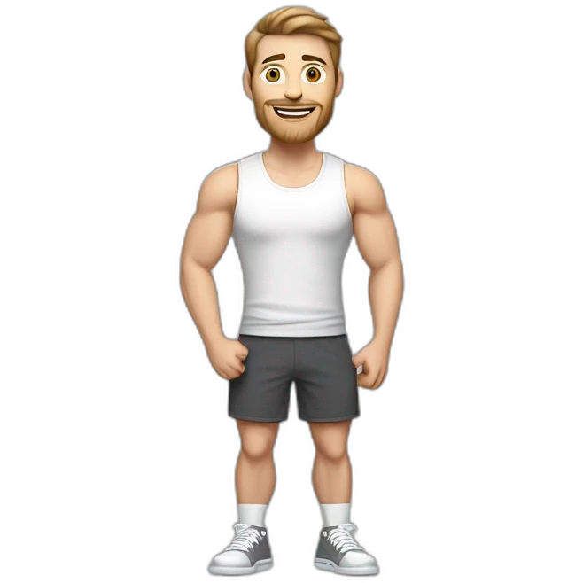 Full height realistic Actively gesturing with hands Pale skinned Fit Man With the biceps and brown hair in dark gray Sleeveless Mike, black oversize sports shorts, watch and white Sneakers emoji