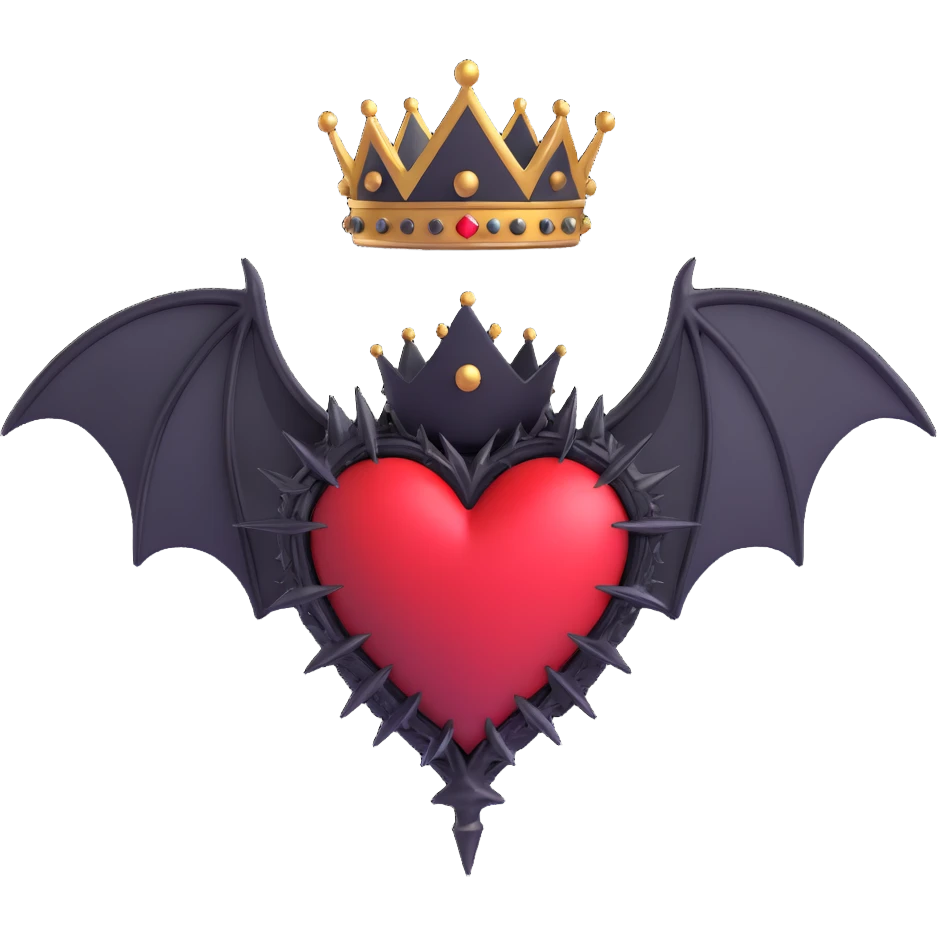 black gothic heart with metallic spikes, gothic bat wings, and a gothic crown, ornate, dark, elegant emoji