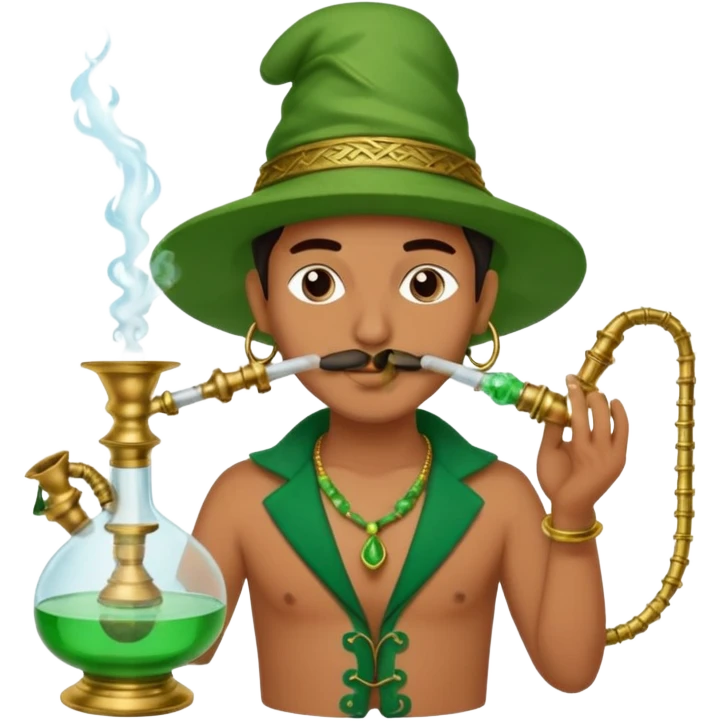 Brass hookah with green design on a glass water base on the top; with two smoke pipes where people are holding them and smoking m from the side all pouting on top emoji