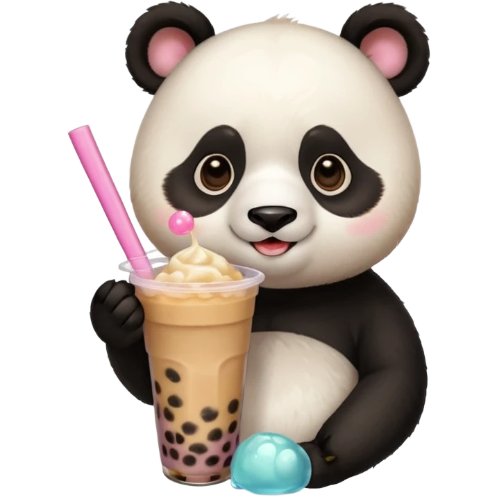 A panda drinking bubble tea, excited about the toppings, portrait, bust up emoji