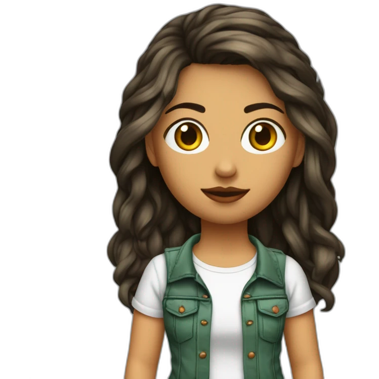 Chica pelo rojo lago ondulado, ojos verdescuerpo completo con pantalones vaqueros  rotos y camiseta negra con una cadaa emoji