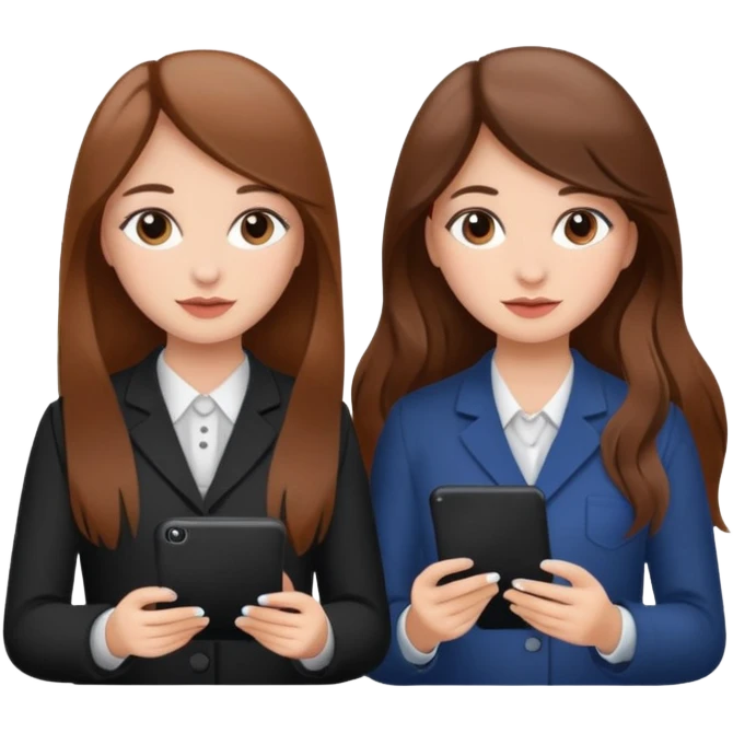 TWO BROWN HAIRED GIRLS DOING PROJECT ON JOB, PROFESSIONAL AND CUTE , LONG HAIR MAKEUP emoji