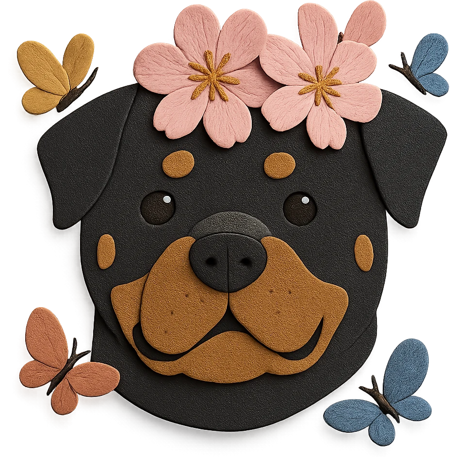 Add butterflies fluttering around the rottweiler with a cherry blossom flower crown, keep the original style and colors emoji