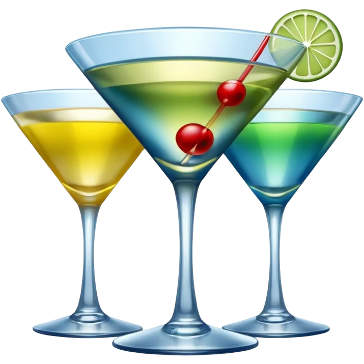 Create an two emoji of red and yellow martini cocktail, cheers with blue and green cocktail, no tube just cocktail in glass emoji