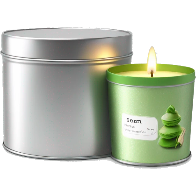 pretty matcha scented candle in silver tin with label realistic emoji
