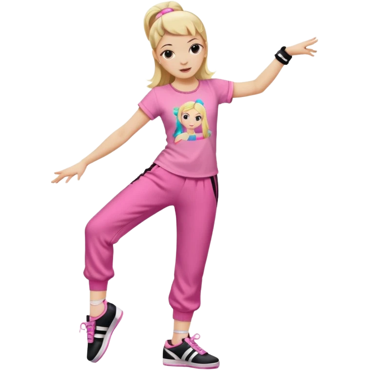 Hiphop dancer, with cute big pants, sneakers, and t-shirt. White girl blond. Coloufull shirt. No pocket pants. Dancing. Pink and black plain outfit. No sweatbands on the wrist, black music box behind her. Ballerina pose emoji