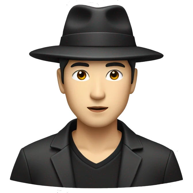 Japanese man with black hat with gold circle and rectangle on his hat with a black jacket with grey shirt and with black pants handsome emoji