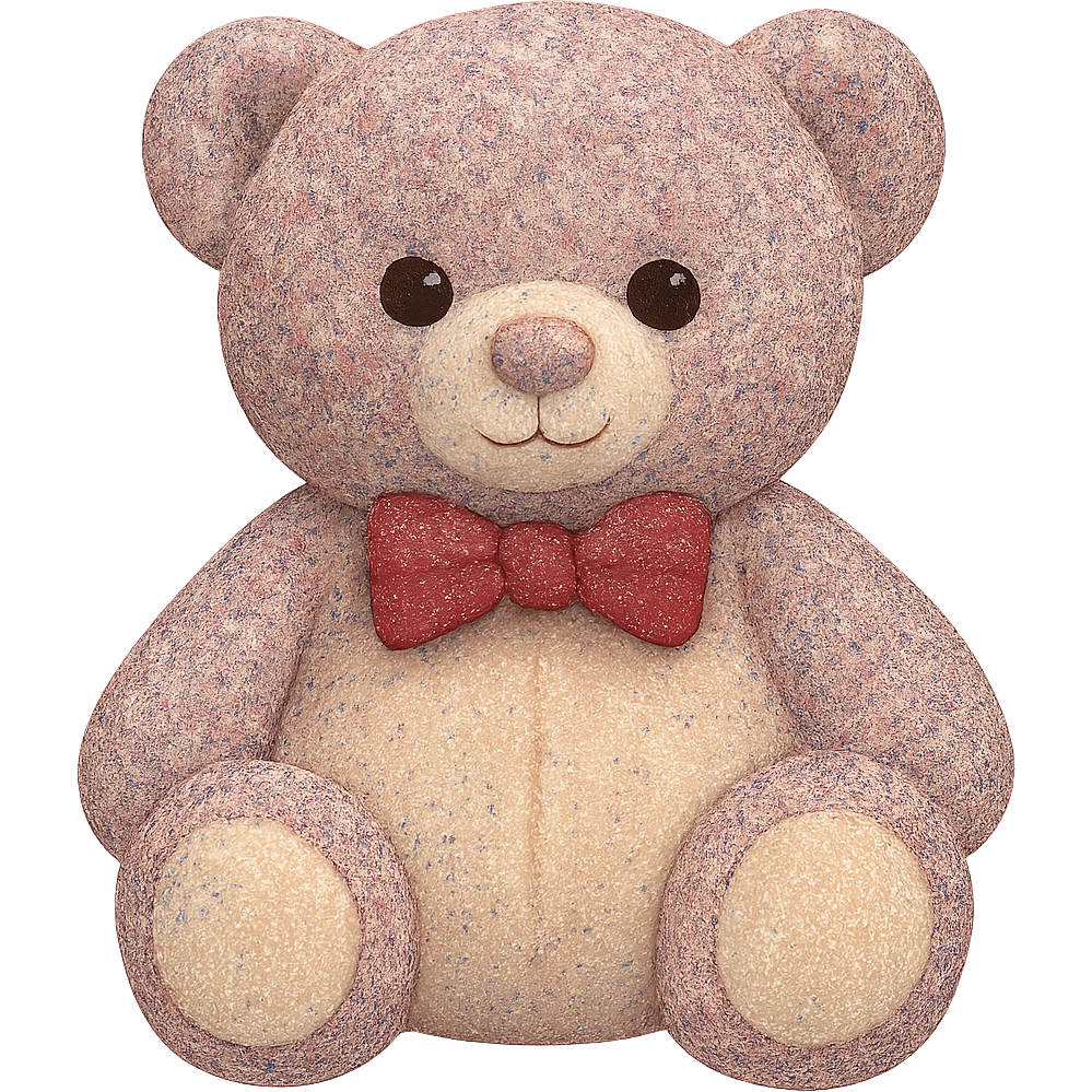 Change the glitter on the teddy bear and bow tie to multicolored glitter, keeping the pink and white fur, flat lighting, no shadows or background, soft plush look, maintain transparency. The style should reflect a soft plush teddy bear with a transparent background and no shadows. emoji