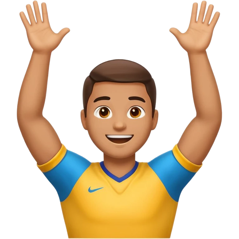 happy football player emoji celebrating goal, arms up, energetic expression, cartoon style, vibrant colors, transparent background, 1:1 emoji