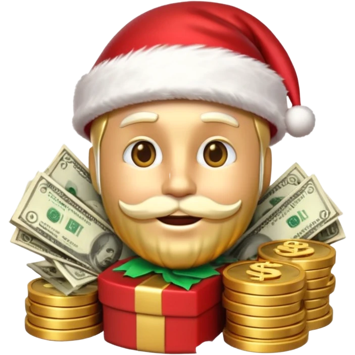A confident rich emoji face wearing a Santa hat, money stacks, casino vibe, New Year theme, premium 3D emoji style, sharp details, no text, isolated on transparent background emoji