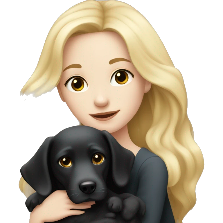 pretty woman with pale skin, very long blonde hair hugging a black dog emoji