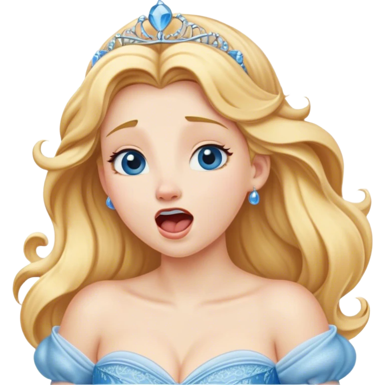 Cinematic Realistic Yawning Cinderella Portrait, showcasing lifelike porcelain skin and intricately detailed golden-blonde hair styled flawlessly as she mid-yawn reveals a moment of tender vulnerability. Her half-closed blue eyes and relaxed expression are rendered with natural, soft lighting that emphasizes the subtle textures of her face and the detailed, flowing fabric of her iconic gown. The scene glows with a cozy, authentic warmth that captures a rare, intimate moment of repose. emoji