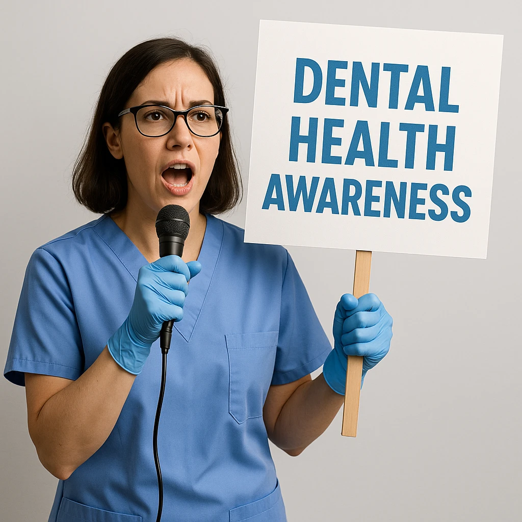 dental hygienist as an advocate, speaking or holding a sign about dental health awareness emoji