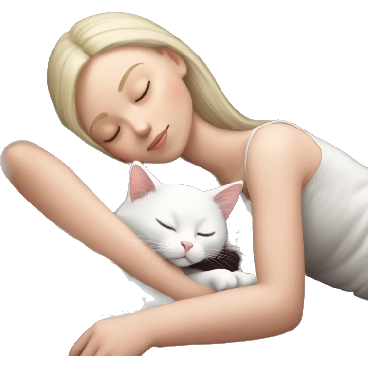White kitty sleeping on brunette white girl's lap emoji
