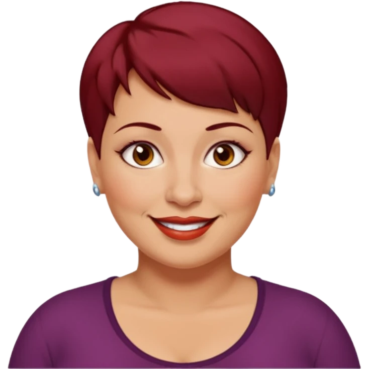 femme 40 ans, cheveux très court rouge foncé piercing sur le nez yeux marrons, surpoids emoji