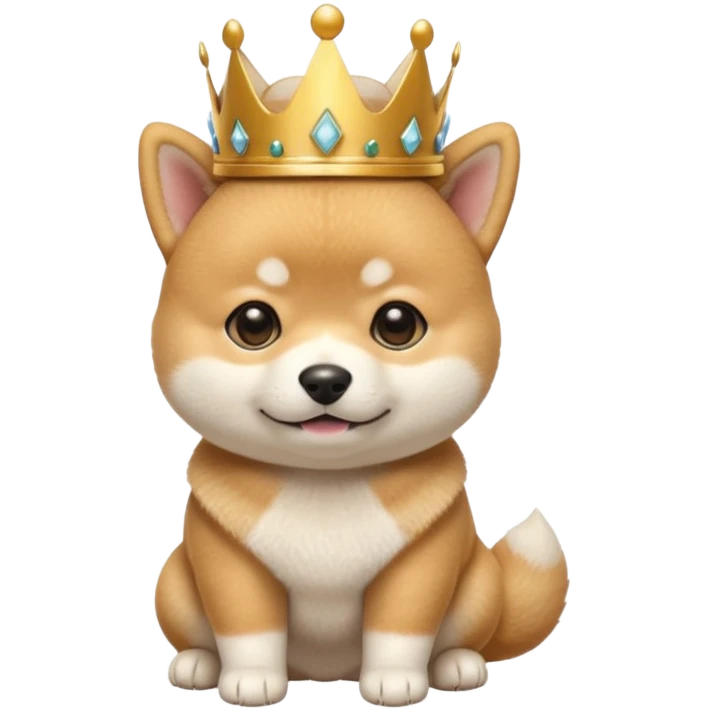 3 month old Shiba Inu puppy emoji, wearing small golden crown, cute royal expression, round body, soft fluffy fur, glossy eyes, bright pastel background, kawaii mascot style, centered composition, high quality render emoji