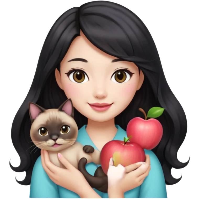 Asian woman with fair skin holding a Siamese cat, black see-through bang front hair, long wavy hair, round brown eyes, light pink blush, pink lips, smiling face, Apple emoji style emoji