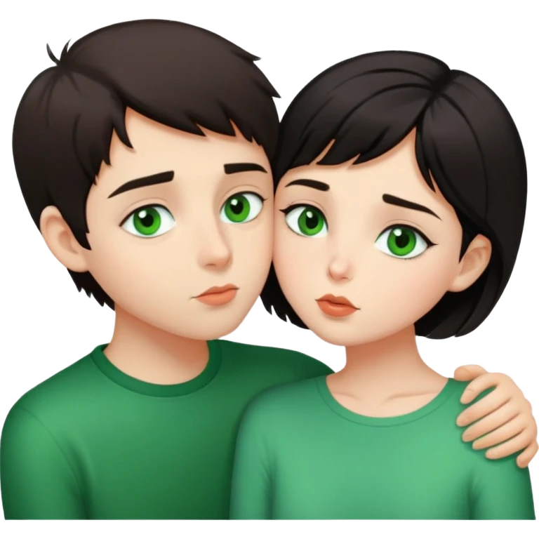 Brunette  girl with green eyes kisses dark-haired boy with short hair guy.  emoji