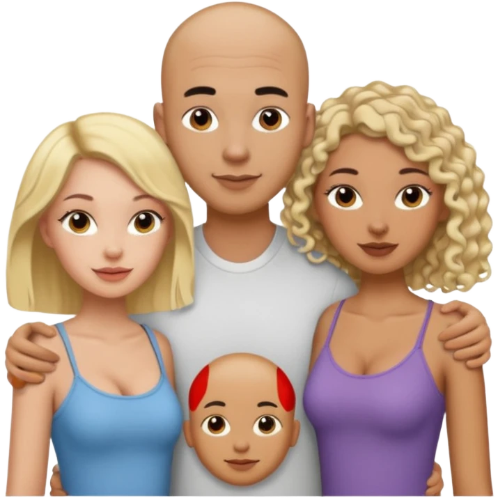 throuple tatted bald boyfriend with two girlfriends, one long blonde hair, other short curly brunette  emoji