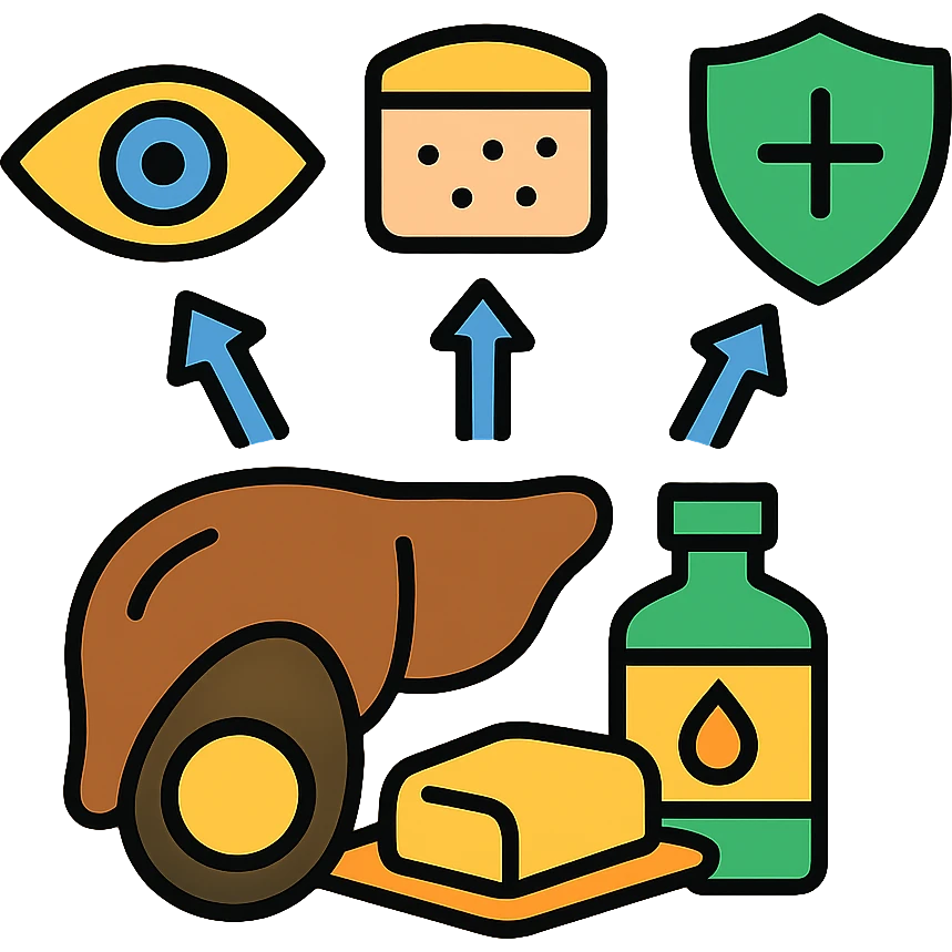 Food sources of Vitamin A: liver, egg yolk, cod liver oil, butter, and fish with arrows pointing to eye, skin and immune shield emoji