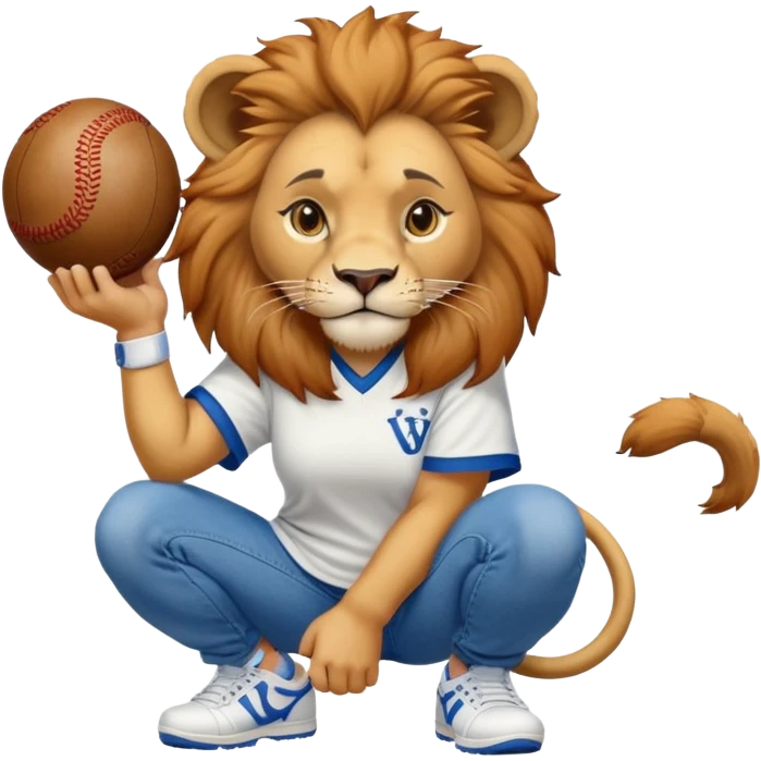 confident anthropomorphised female lion wearing a baseball shirt, jeans, and trainers, squatting and lifting an object emoji
