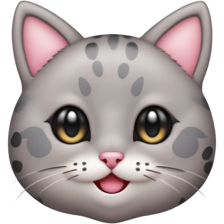 Cute emoji of a small gray cat with black spots, big shiny kawaii eyes, tiny pink nose, and a sweet smiling expression. Minimalist design, clean vector style, high resolution, soft pastel colors, with a transparent background. emoji