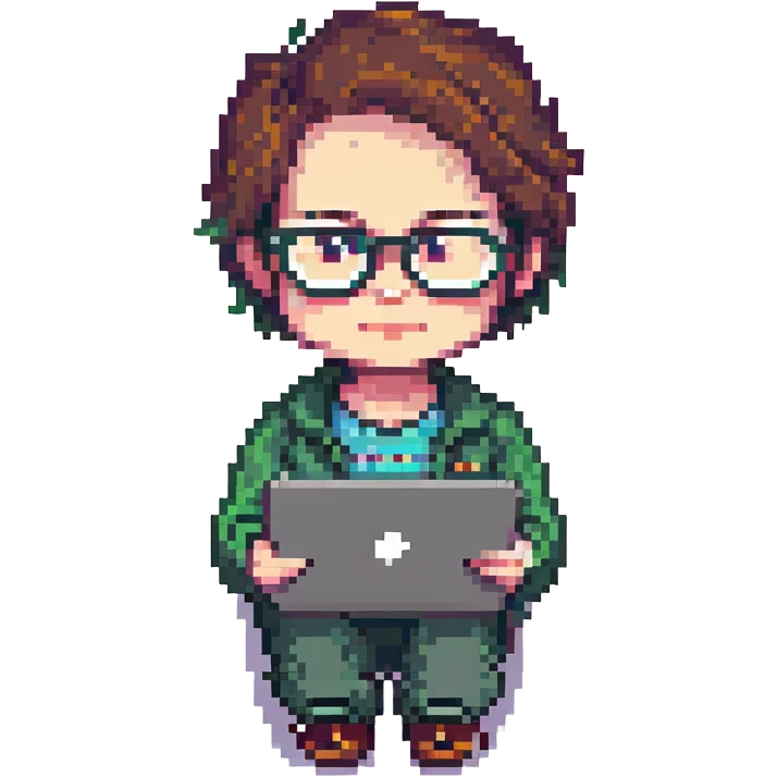 IT nerd with glasses using a laptop, pixel art style, playful emoji
