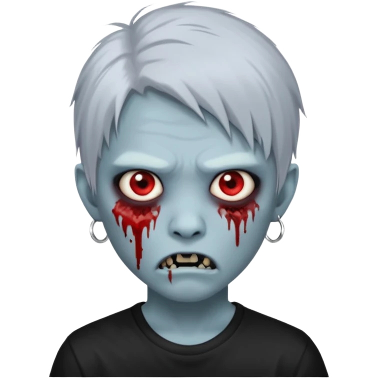 Create a 3D emoji-style avatar with very pale blue-grey zombie skin like the reference image, a young Asian face, and large eyes with blood tears. Give it white mullet-style hair, silver hoop earrings, and a simple black T-shirt. The expression should be slightly angry and has vampire teeth emoji