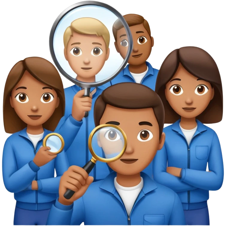 a group of people, with one person in blue being highlighted by a magnifying glass. emoji