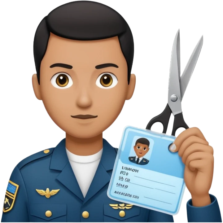 Floating black Scissors cutting a light blue military ID card in 2 parts .hyper realistic emoji
