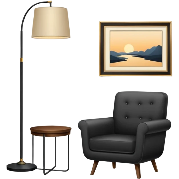 Minimalistic flat vector icon, iOS style, thin black contour on white background. Floor lamp, armchair, and framed picture on wall. Clean, no text, no shadows emoji
