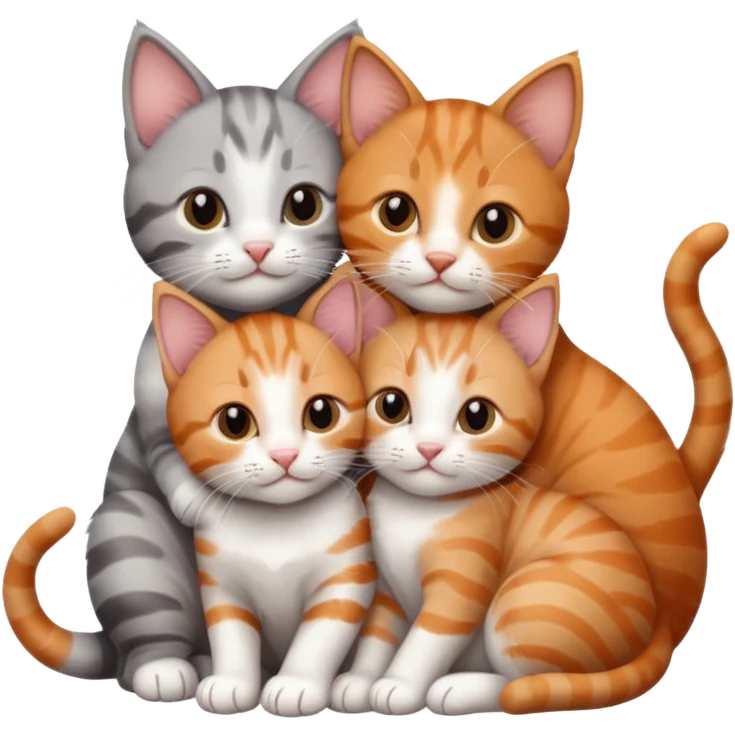 3 kittens cuddling together all different colours, the first one is grey and white, the second is ginger and white and the third is brown tabby and white emoji