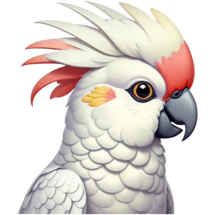 Cinematic Noble Cockatoo Portrait Emoji, Poised and regal, with a striking, crest-adorned head of brilliant white and pastel hues, a robust, curved beak, and piercing, intelligent eyes, Simplified yet sharp and sophisticated features, highly detailed, glowing with a soft, tropical luminescence, high shine, intelligent and majestic, stylized with an air of avian elegance, focused and alert, soft glowing outline, capturing the essence of a watchful and confident cockatoo that appears ready to unfurl its crest out of the screen with effortless authority! emoji