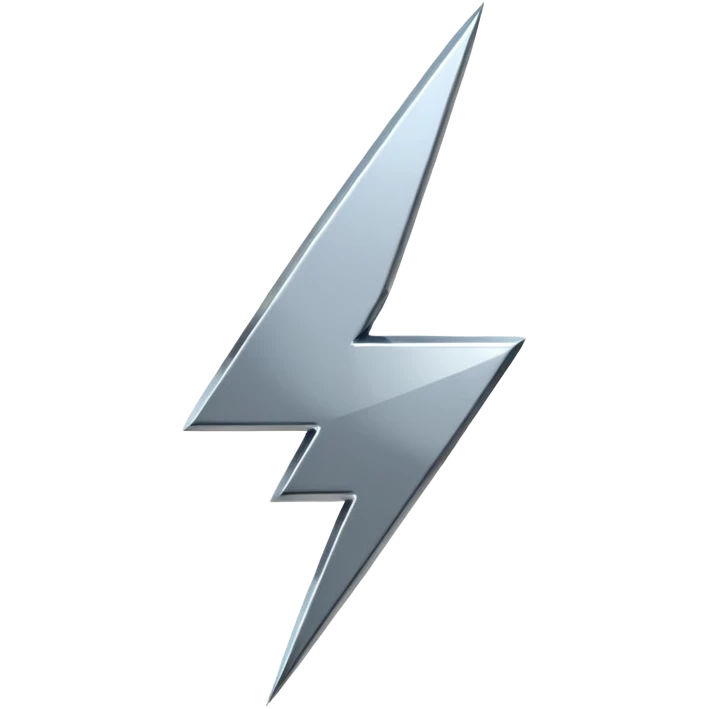 A lightning bolt emoji made of polished silver chrome, sharp yet rounded edges, glossy metallic surface, soft reflections, minimal futuristic design, iOS emoji style, centered, clean white background emoji