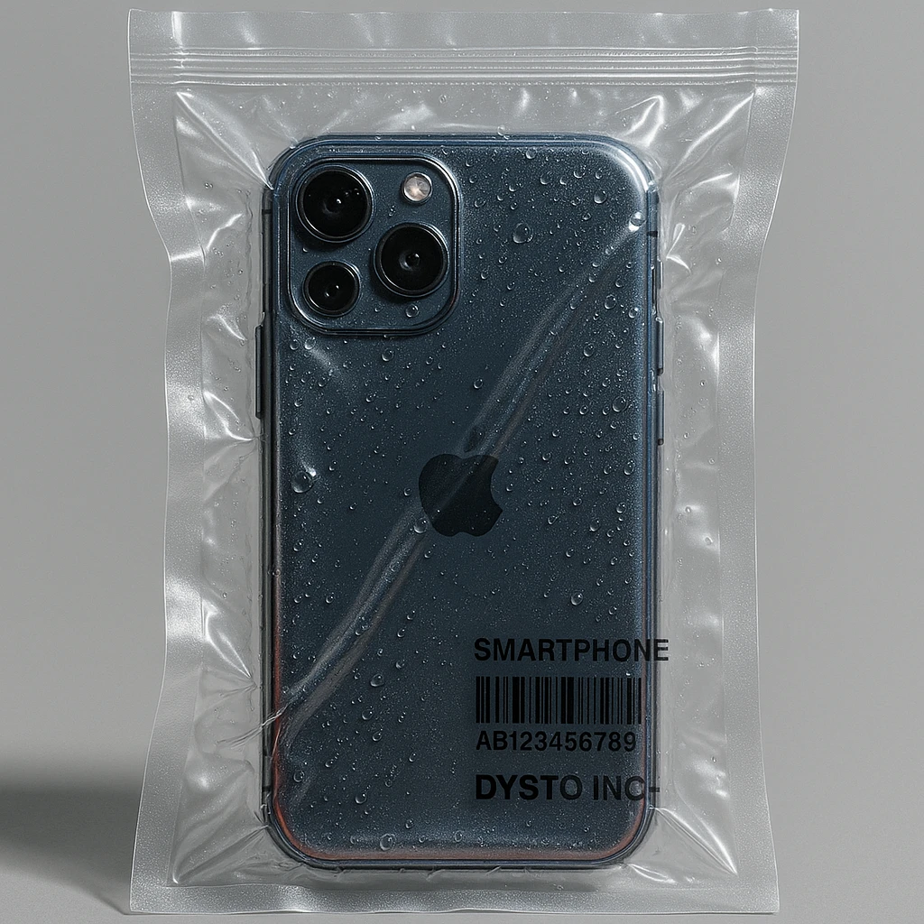 vacuum-sealed smartphone, tightly wrapped and shiny emoji