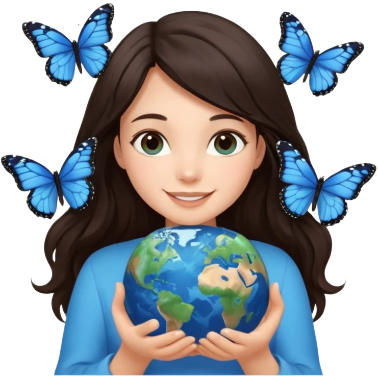 Successful CEO (brunette girl, another emoji, in the middle), holding the Earth 🌍 in her hands smiling warmly, blue monarch butterflies fly around her. emoji