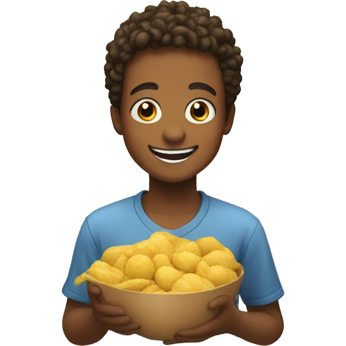 smiling boy with food indoors emoji