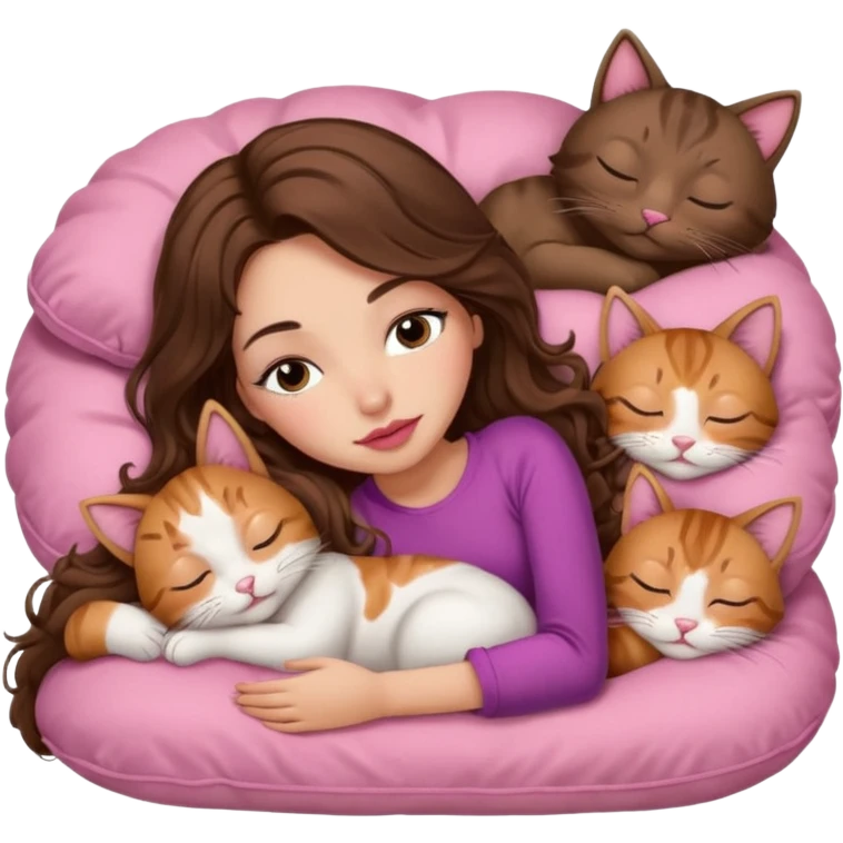girl with long wavy brown hair, brown eyes, long lashes makeup, sexy pink lips, light to medium complexion,  sleeping on a cozy pillow, with 6 cats, sleeping emoji