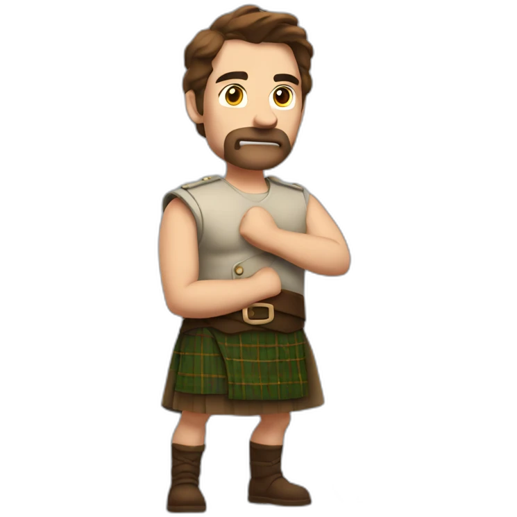 monty starts a fire wearing a kilt flexing bicep brown hair emoji