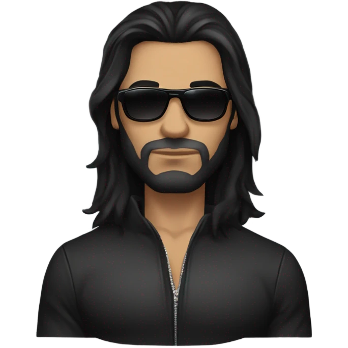 Man. long black hair, masculine strong serious face, fine lips, black sunglasses, lather jacket, underneath black t-shirt, muscles. Very mysterious  emoji