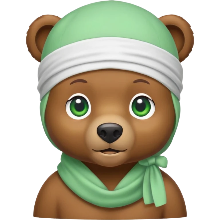 Cute brown bear head with green eyes wearing a white durag, hip style, iOS emoji style emoji