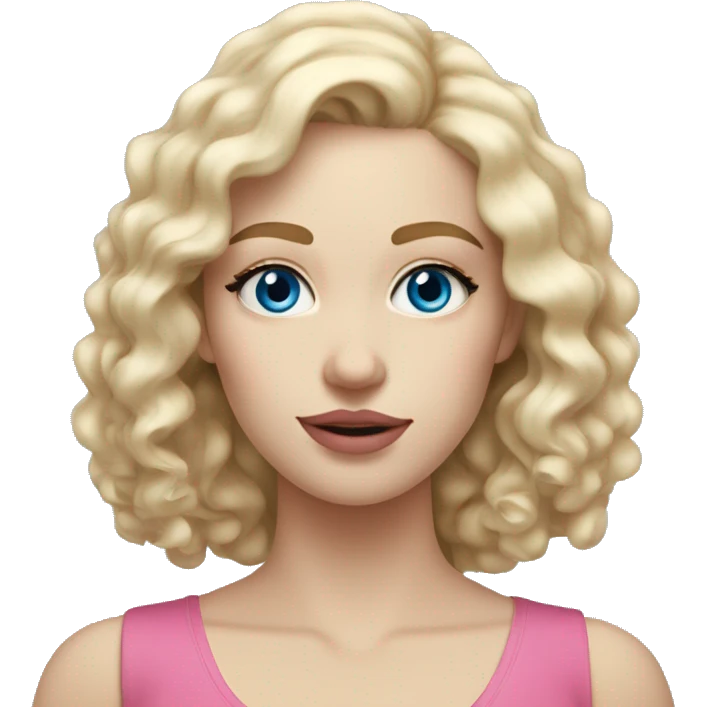 Pale white 25 year old woman with blue eyes, long blonde and curly hair, light brown eyebrows and pink lips emoji