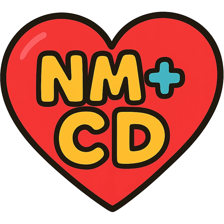red heart with 'NM+CD' inside, playful cartoon font emoji