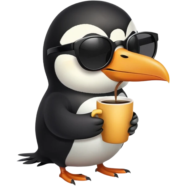 penguin with toucan beak holding a coffee cup and wearing sunglasses emoji