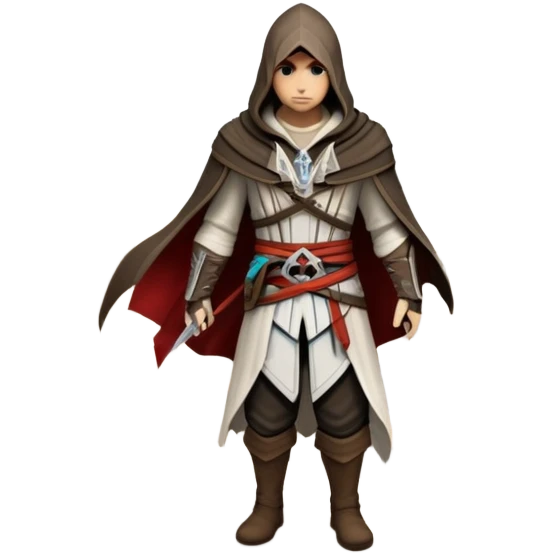 An icon representing an adventure game, inspired by Assassin's Creed. The design features a heroic character in hooded attire, scaling a tall building in a historical cityscape. The background shows ancient architecture and hidden symbols, symbolizing exploration and stealth. Transparent background  emoji