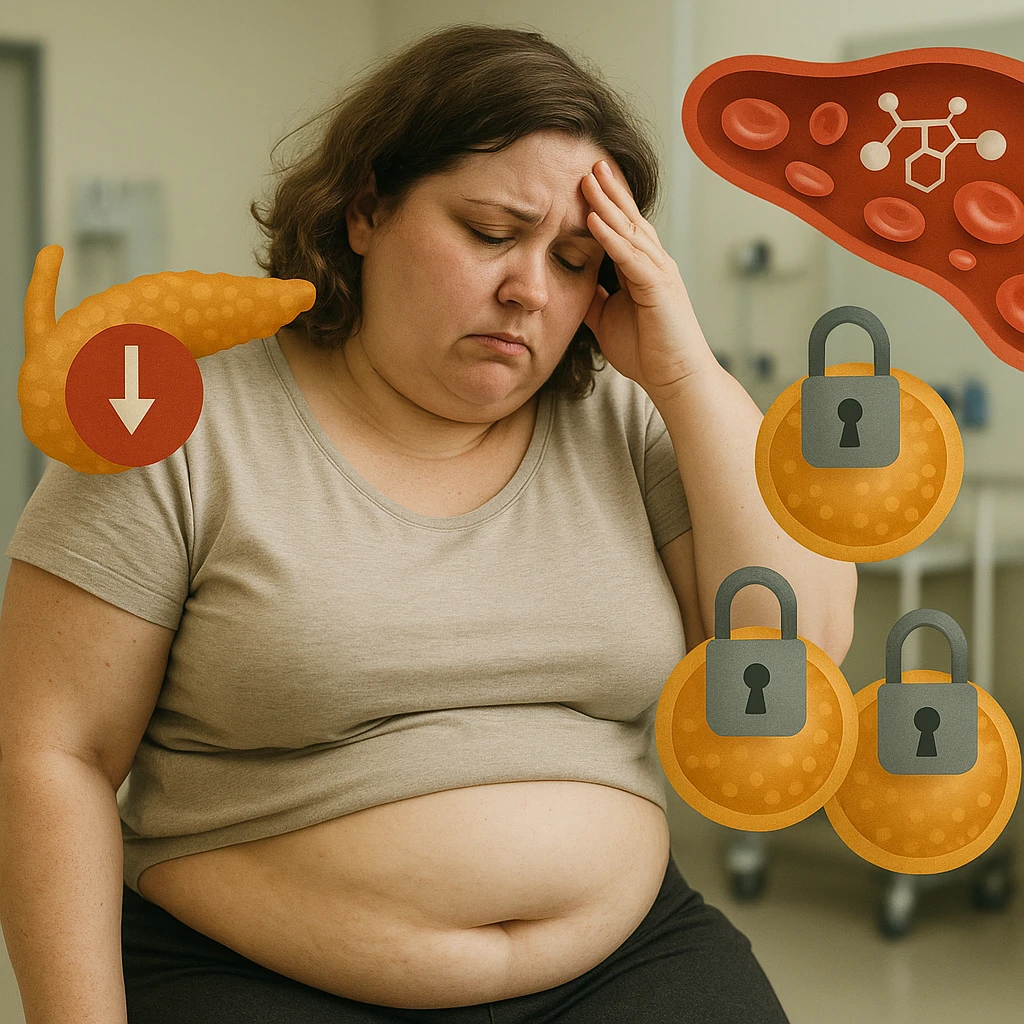Realistic late 30s overweight woman with localized fat on abdomen and face, in a clinical environment. Expression of fatigue and frustration. Around: stylized pancreas with low insulin symbol, glucose in the blood, cells with closed padlocks. Realistic and symbolic style. emoji