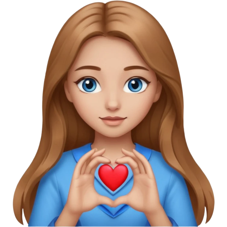 A girl with makeup, long light brown hair, blue eyes, gentle light doing a heart with her hands emoji