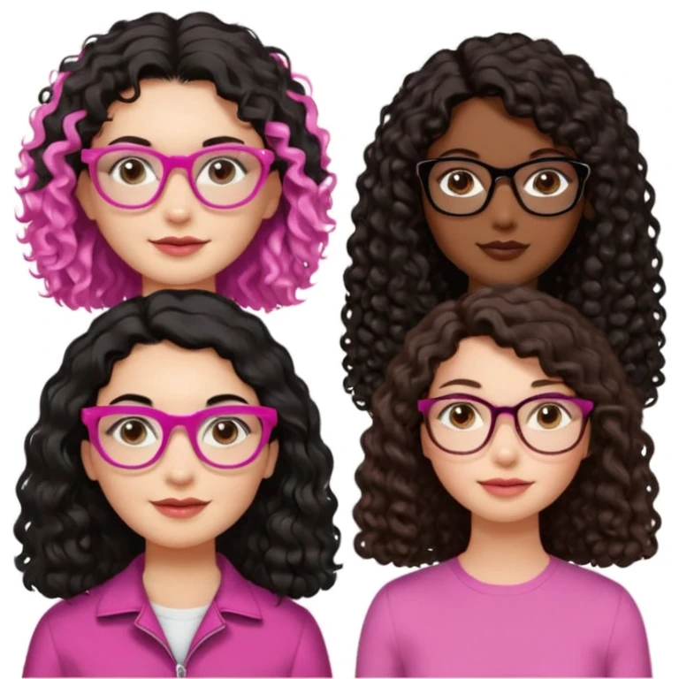 Una mujer con el cabello liso,negro,blanca y cara perfiladita otra con el pelo odulado medio crespito y blanca pelo marrón y otra con el pelo odulado medio liso morenita y con gafas rosada y por último otra Morena oscurita con el pelo rizado-crespo y gafas doradas  emoji
