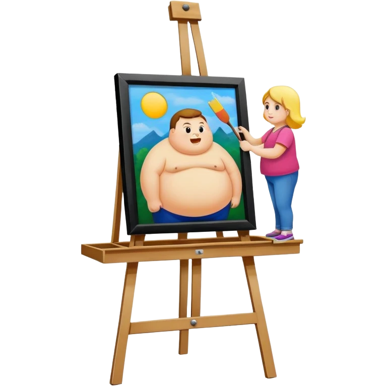 Canvas inside a picture frame on an easel with a fat person painted onto it emoji