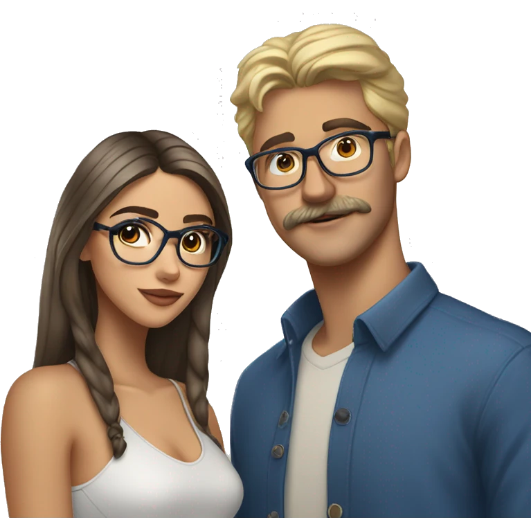brunette, brown eyed, madison beer standing next to blonde man with , mustache, blue eyes, and brown glasses emoji